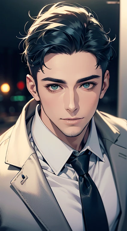 (Highest quality,4K,8K,High resolution,masterpiece:1.2),Super detailed,(Realistic,photoRealistic,photo-Realistic:1.37),1 person,34 years old,Mature Men,Beautiful skin、very handsome,Expressionless smile in love,Short blue hair,green eyes,Sharp Eyes,A perfect face without a doubt,Businessman, CEO, Office Background,Cinema Lighting,HDR image,tie、