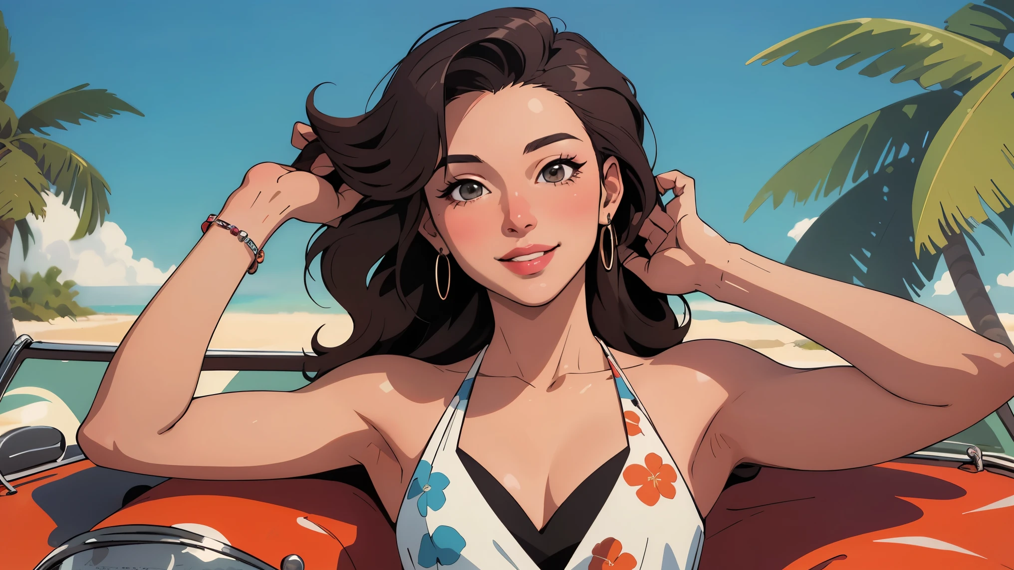 ((Highest quality)), ((masterpiece)), (detailed), perfection, Realistic, High Fashion, 16:9, Stylish Korean women of the 90s, Tourist beach background, Coolness, refresh, A woman poses in a cool 90s convertible, Beautiful smile, longing, A scene from a movie, Photo for poster