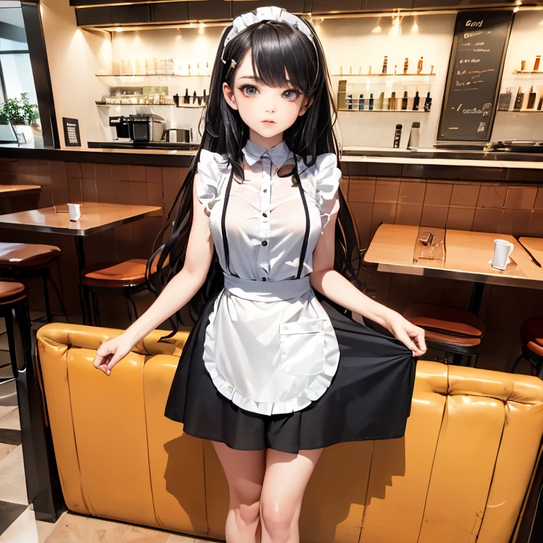 (Highest quality, 8k, masterpiece:1.3,beautiful girl), (masterpiece:1.3, Highest quality, Ultra-high resolution, Very detailed),Beautiful body, Beautiful breasts, Beautiful thighs, Beautiful feet, Beautiful fingers, Glowing Skin,(((Long Hair,Black Hair,Beautiful Hair))),(Perfect Anatomy, Anatomically correct, Very detailed肌), Cute and symmetrical face, Perfect Face, Perfect Eyes, ((Perfect Fingers, Five Fingers)), (((whole body,Draw the whole thing)))((Two Arms,Two legs)),(((Cafe, waitress))),mini skirt,head band,Sexy chest,