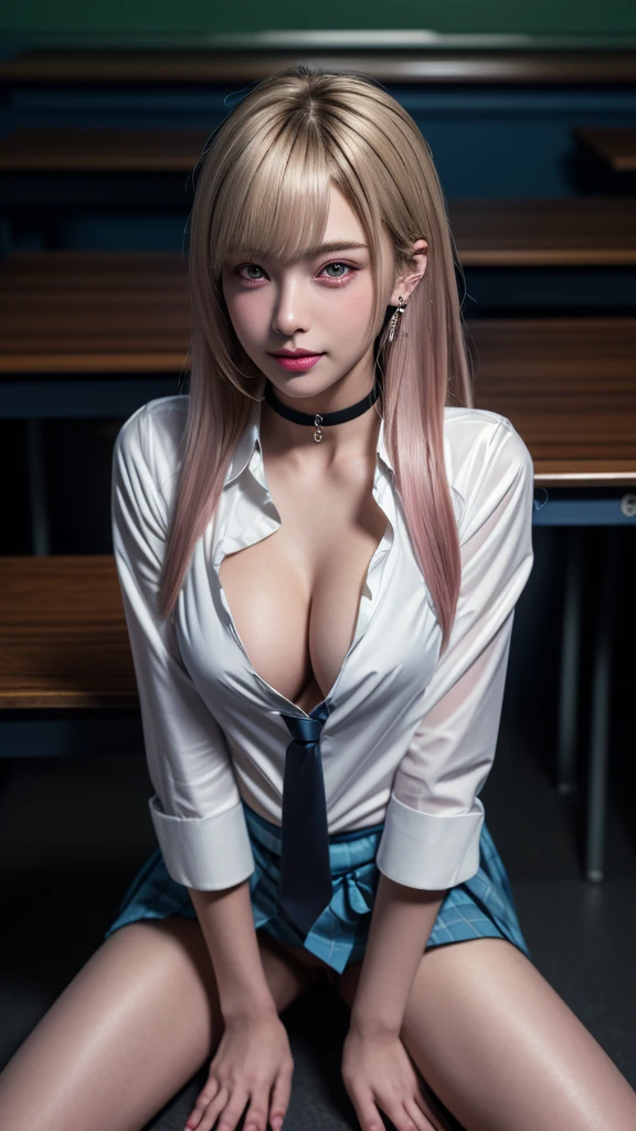 Mix 4, (8k, RAW Photos, Highest quality, masterpiece: 1.45), (Realistic, photoRealistic: 1.37), kitagawa marin, (Blonde, Pink gradient hair), ((Long Hair, Sink bangs,Colorful Hair, Red eyes)),Pose like a model,Japanese women, ,high School student、Model body type, (Big Breasts:1.3), Narrow waist, Beautiful Face, Beautiful Eyes, Multiple simple dot earrings on earlobe, Cartilage rod piercing, White shirt, Shirt with tie, Black choker, Blue tie, Checked skirt, カウボーイshot, inside the School、classroom、hight School, 1 girl, alone, Detailed face and eyes, Upper body photo. Realistic, Realistic.Marin Gyaru,School_uniform, Embarrassed look, (((( M-shaped feet, please look )))), (Please spread your legs wide and show me: 1.5), Real nipples, Genuine open, Browsing Caution, (erupt from pussy:1.2),(erupt:1.2),(A puddle of pussy juice:1.15)(smile:0.7)、((shot))、((Crotch close-up:1.2))、((Pictures that emphasize pussy))、Real Pussy