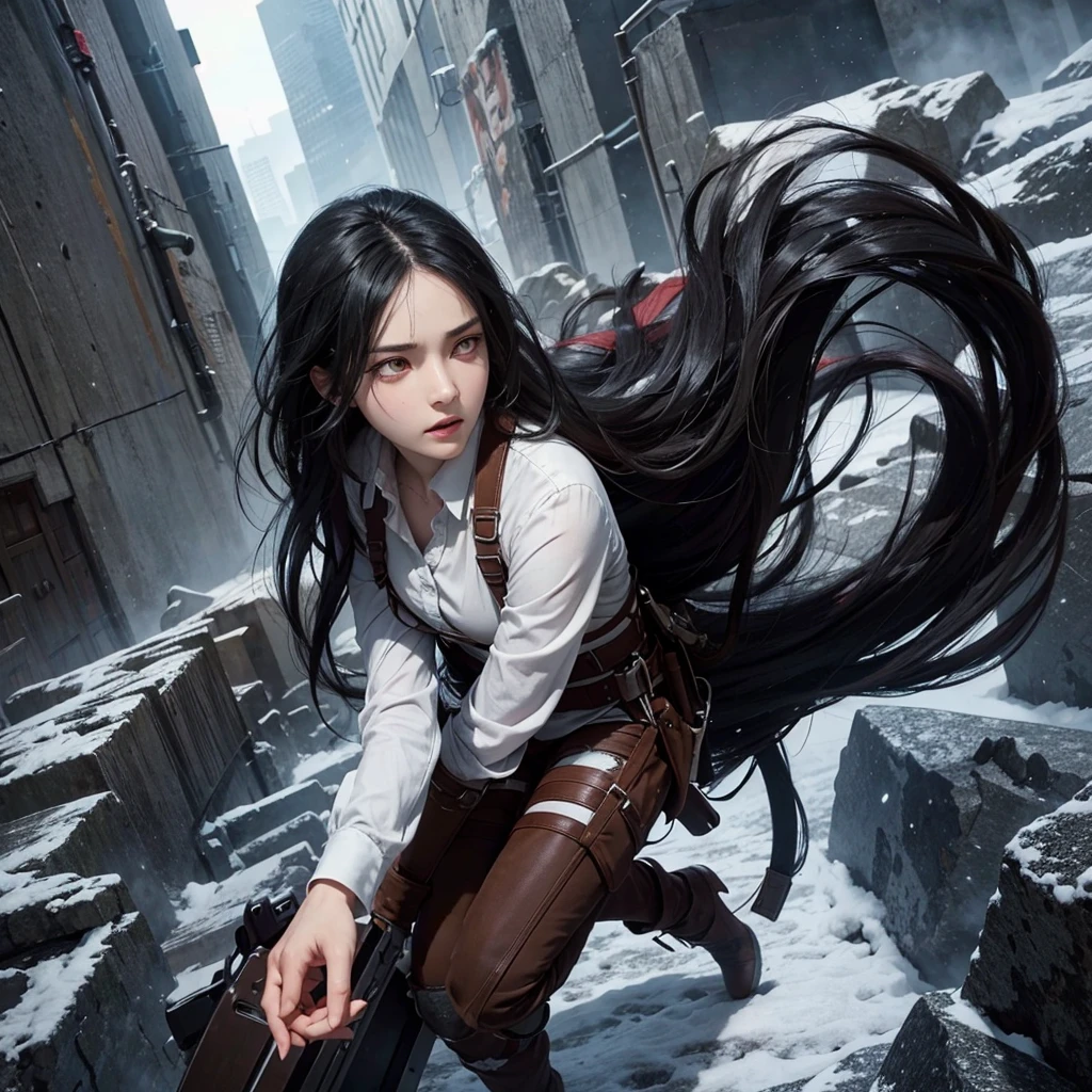 A character with long wavy black hair with white eyes from Attack on Titan (face image)