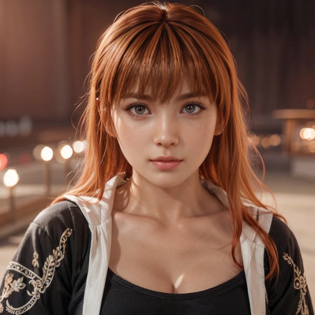 Kasumi, brown eyes, Red Hair, (best quality, ultra detail), (realistic:1.37), beautiful and detailed face, ultra-realistic texture, Delicate face, delicate body, red lipstick, bright colors. high definition, 8K. expression with a slight smile
