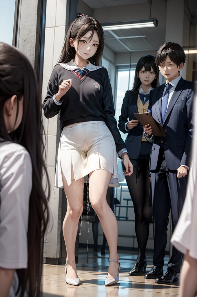 女性教師が集合写真撮影中にincontinence、incontinence、Peeing on your own、Lots of pee、From below、White suit、White Skirt、High heels、Perfect figure、Very beautiful、Lined up with students in front of the school building、upright、Embarrassed and teary-eyed、Surrounded by students、be subjected to relentless contempt from students