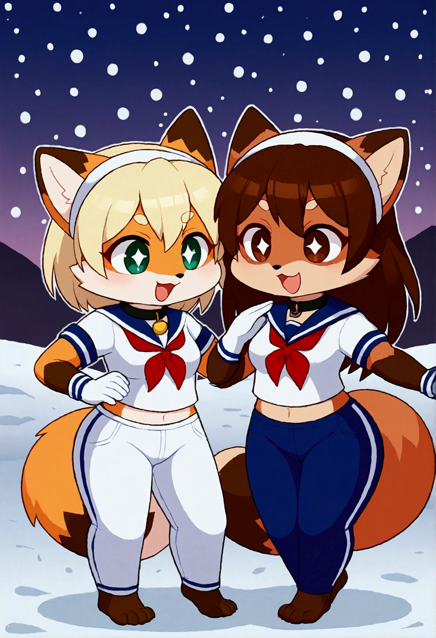2girls, fox and tanuki, furry, bodyfur, tail, collar, sailor suit, short sleeves, jersey pants, long pants, white gloves, snow gloves, barefeet, chibi, sparkling eyes, full body, snow, singing, dancing