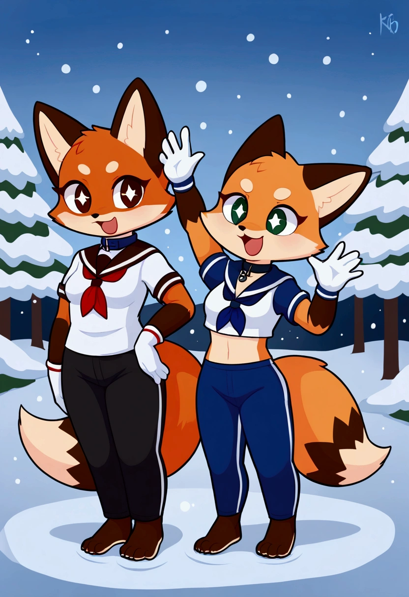 2girls, fox and tanuki, furry, bodyfur, tail, collar, sailor suit, short sleeves, jersey pants, long pants, white gloves, snow gloves, barefeet, chibi, sparkling eyes, full body, snow, singing, dancing