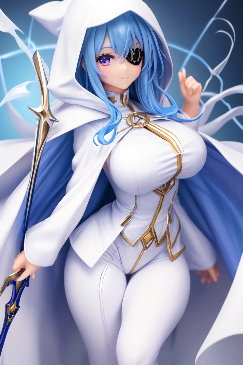 Full body:1 Witch woman, with black robe with white parts, holding a magic wand, blue rays behind her, staring at the viewer, she has (long blue hair) with braids and (green eyes), huge breasts, blue magic aura surrounding your body like a whirlpool, in a magical temple with emblems on the walls, anime style, symmetry, anatomically correct, 16k, highres, best quality, award winning, high quality, high details, UHD, masterpiece, ccurate
