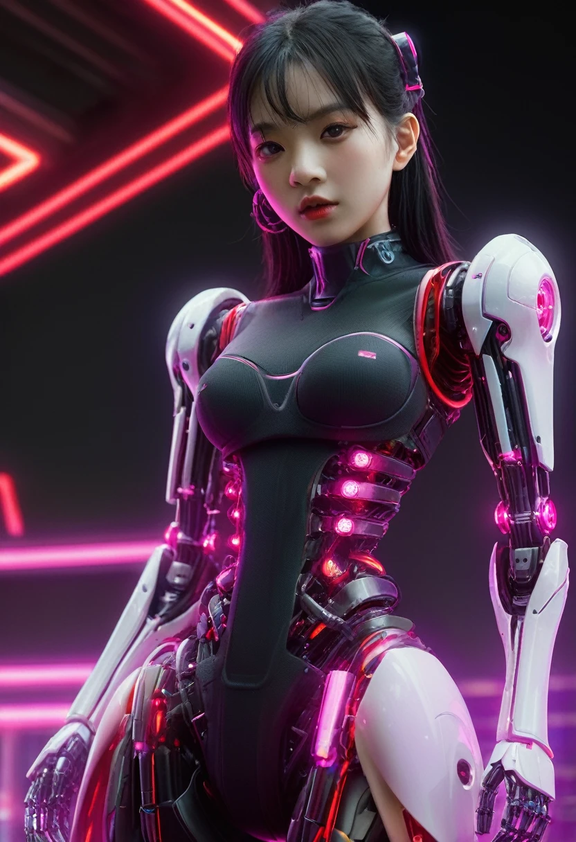 xxmixgirl. Highly detailed professional 35mm film, bokeh, face in sharp focus. A robotic female, Miku, with ((metal skin)), ((perfect Asian eyes)) with magenta irises and ((black pupils)), beautiful serious (detailed face), 18 year old ((photorealistic face)), very long magenta twin tails of magenta hair, twin black hair ties with a single red stripe. She may have a black audio headpiece. We can see her ((full body)) down to her boot soles. Her outfit is a sleeveless collared light grey shirt, outlined in red around the frilled collar and hems. Shiny reflective ((metallic breast cups, dimpleless)), invisible nipples. She wears black sleeves with red hems that start around her upper arm and bellow out as the sleeves open and extend to her wrists, with wide trumpet red rimmed cuffs. She has perfect robotic (detailed hands). She wears a red colored tie with two horizontal solid parallel black lines halfway across. She wears a fabric black skirt with a horizontal red hem at the bottom all the way around; her (((black skirt wraps around her))) and ((her skirt completely covers)) her robotic waist and thighs. Tall black boots with red bottom soles, a red rim around the top at her thighs. Her mechanical shoulder joints are visible. We can see her robotic legs and robotic neck. Half of her is covered with shiny polished machinery. The background is a distant dark neon futuristic Japanese city, gold, cyan, violet neon, near harbor or mountains.