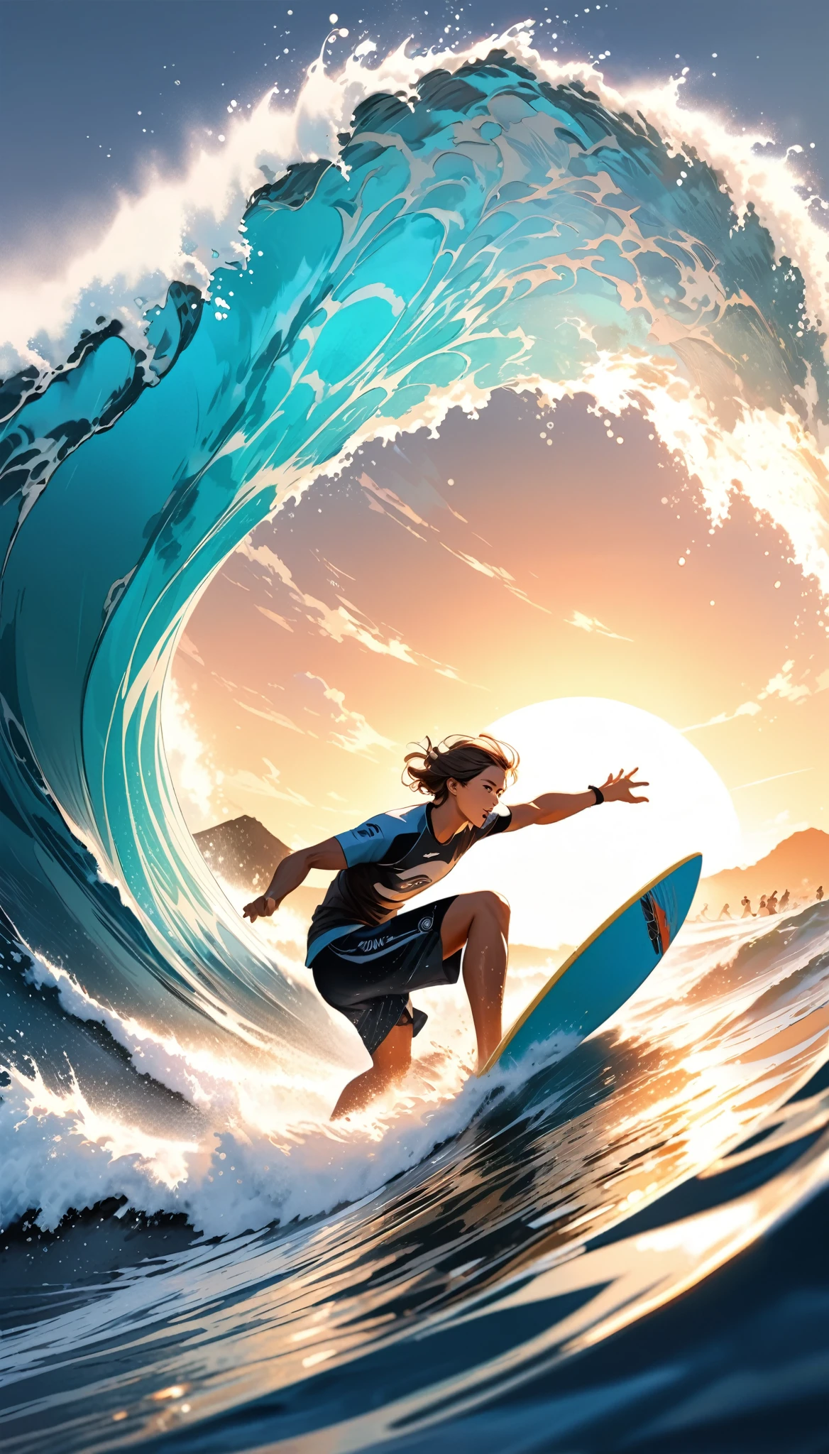 surfing, Sketching delicate and sharp lines, High contrast full color painting, Double exposure of ukiyo-e prints, ultra-realistic, Ray Tracing, BREAK Aesthetic surfing, Dynamic sports action, BREAK Highly transparent sea, High waves, Ideal surfing, BREAK Ultra-realism, High-resolution photography, High quality details, Bold composition, Powerful dynamic motion, Add effects to captivate your audience, Gives a cool impression to the audience, Emphasis on freshness, Absurd aesthetics, BREAK Attractive surfer, loooking at viewer, The allure is right before your eyes, Give your subject a dramatic look,