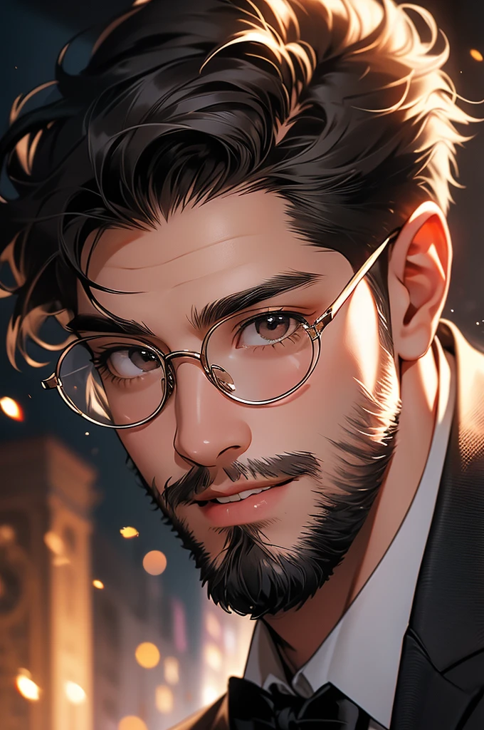 [32k, 8k, very detailed image, masterpiece], young man, naturally handsome, 33 years old, medium gray black hair, light brown eyes, gentle expression and smile in love, large round glasses, [looking fixedly at the viewer], shaved beard, noble formal wear