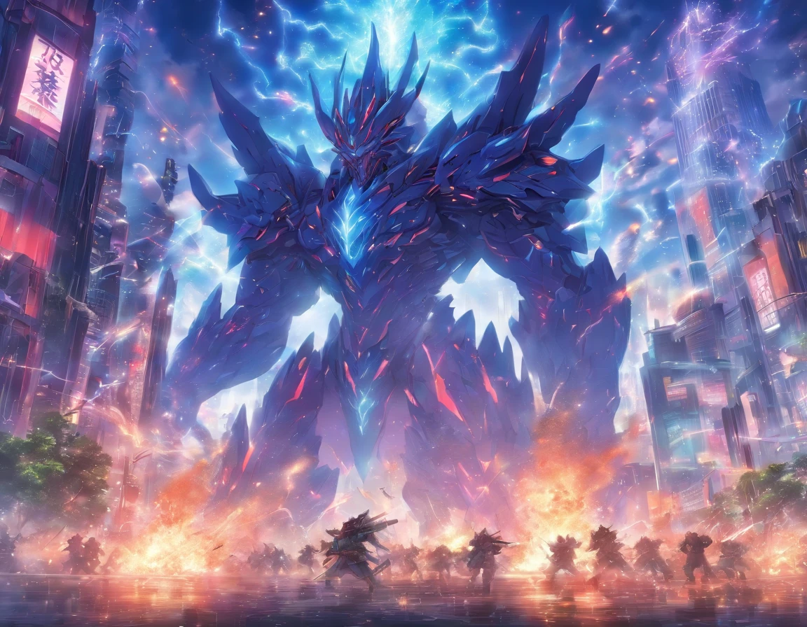 SHOWS SIMILAR TO THE KAIJU OF TITANES DEL PASIFICO, ATTACKING MODERN ELVEN CITY, chaos, fire,sparks, DUST IN THE AIR SMOKE DISPERSING, ARMY DEBASTATION SHOOTING, mecha suits, FUTURISTIC WEAPONS, evening