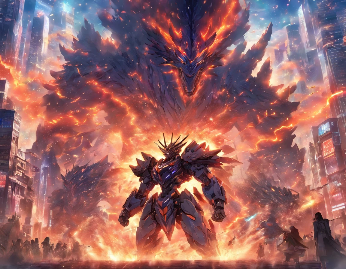 SHOWS SIMILAR TO THE KAIJU OF TITANES DEL PASIFICO, ATTACKING MODERN ELVEN CITY, chaos, fire,sparks, DUST IN THE AIR SMOKE DISPERSING, ARMY DEBASTATION SHOOTING, mecha suits, FUTURISTIC WEAPONS, evening