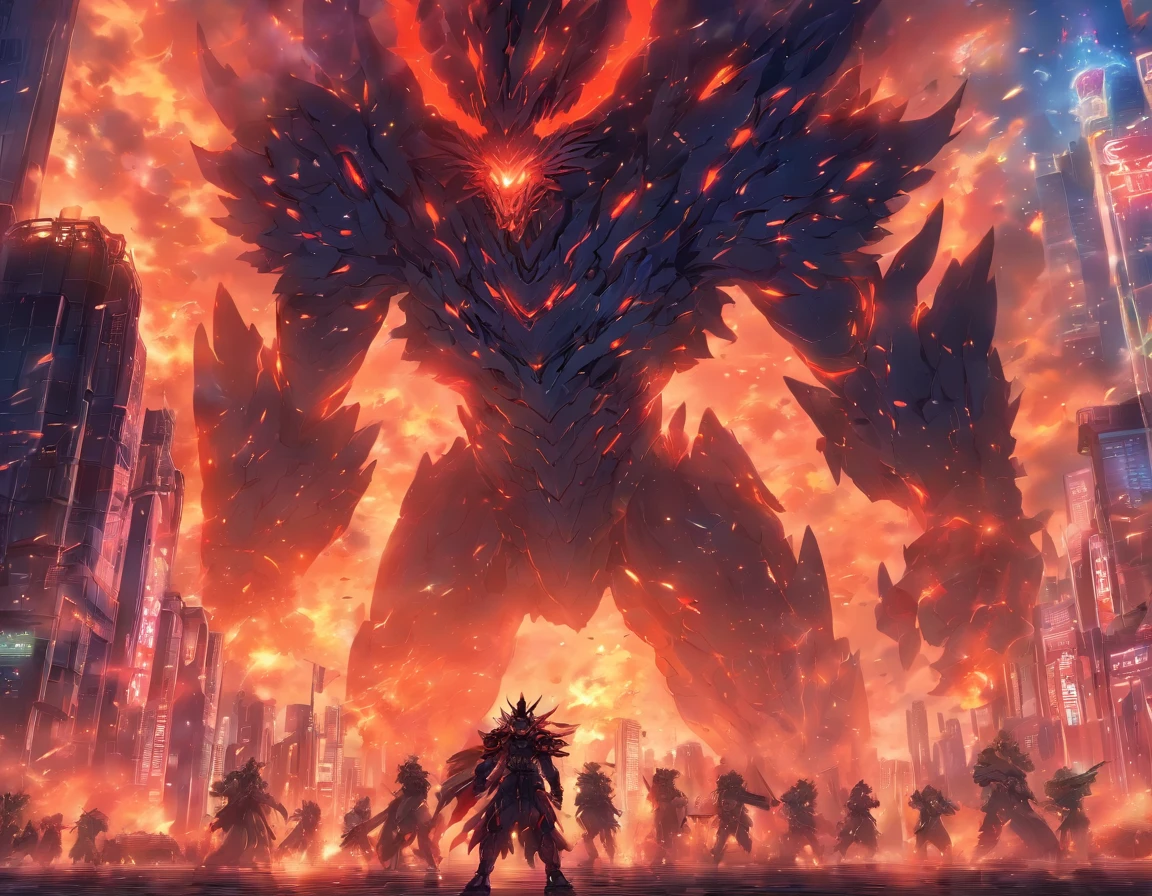 SHOWS SIMILAR TO THE KAIJU OF TITANES DEL PASIFICO, ATTACKING MODERN ELVEN CITY, chaos, fire,sparks, DUST IN THE AIR SMOKE DISPERSING, ARMY DEBASTATION SHOOTING, mecha suits, FUTURISTIC WEAPONS, evening