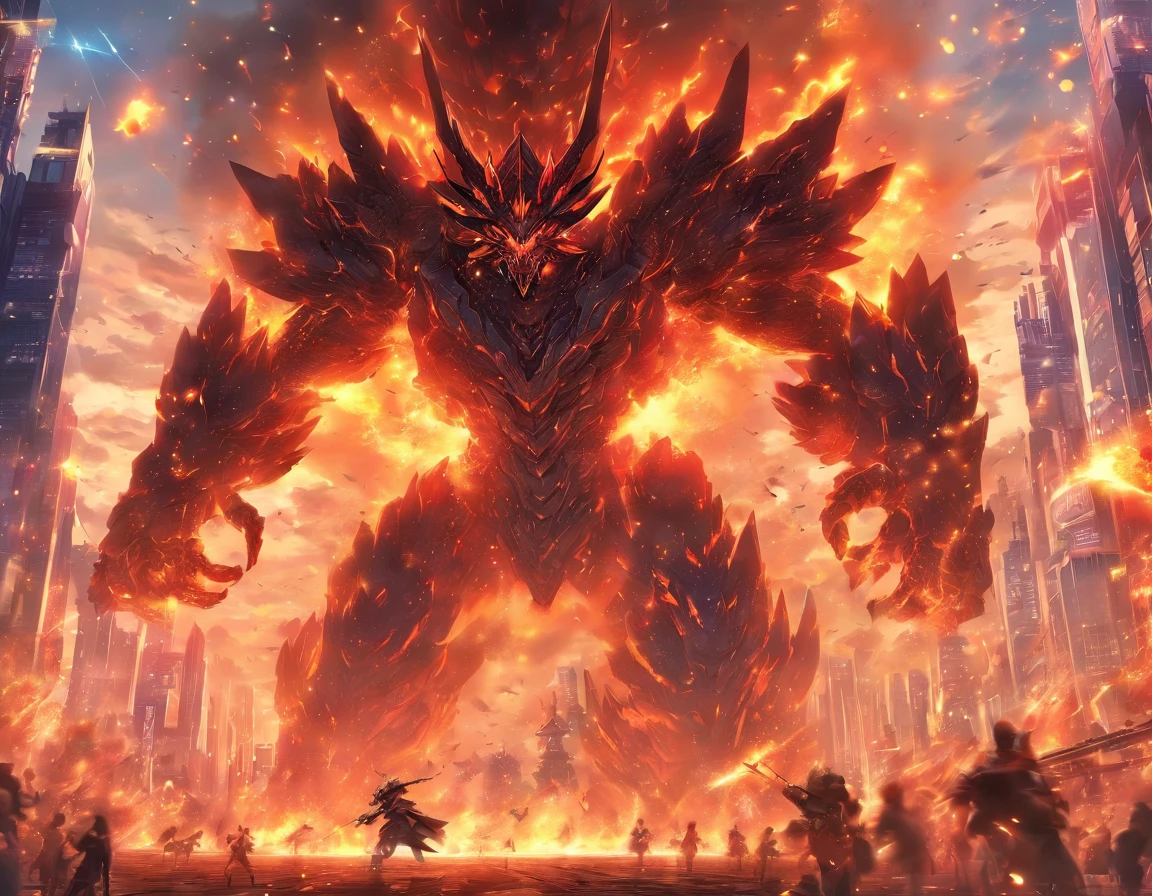 SHOWS SIMILAR TO THE KAIJU OF TITANES DEL PASIFICO, ATTACKING MODERN ELVEN CITY, chaos, fire,sparks, DUST IN THE AIR SMOKE DISPERSING, ARMY DEBASTATION SHOOTING, mecha suits, FUTURISTIC WEAPONS, evening