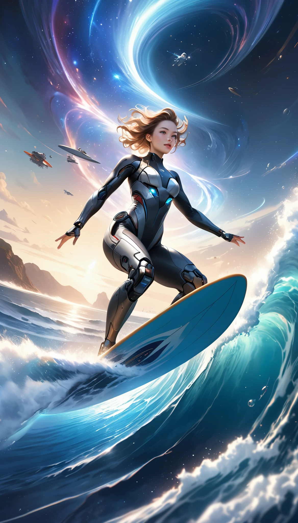 Attractive cyborg, Aesthetic space, Riding a surfboard, Surfing the Universe, Riding the Galactic Waves, no gravity, Ultra-realism, super high quality, Realistic, Ultra-high resolution, Detailed and attractive faces, Ultra-high precision,