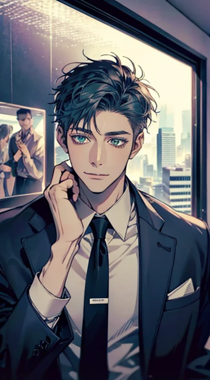 (Highest quality,4K,8K,High resolution,masterpiece:1.2),Super detailed,(Realistic,photoRealistic,photo-Realistic:1.37),1 person,34 years old,Mature Men,Beautiful skin、very handsome,Expressionless smile in love,Short blue hair,green eyes,Sharp Eyes,A perfect face without a doubt,Businessman, CEO, Office Background,Cinema Lighting,HDR image,tie、