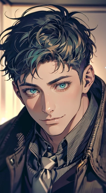 (Highest quality,4K,8K,High resolution,masterpiece:1.2),Super detailed,(Realistic,photoRealistic,photo-Realistic:1.37),1 person,34 years old,Mature Men,Beautiful skin、very handsome,Expressionless smile in love,Short blue hair,green eyes,Sharp Eyes,A perfect face without a doubt,Businessman, CEO, Office Background,Cinema Lighting,HDR image,tie、