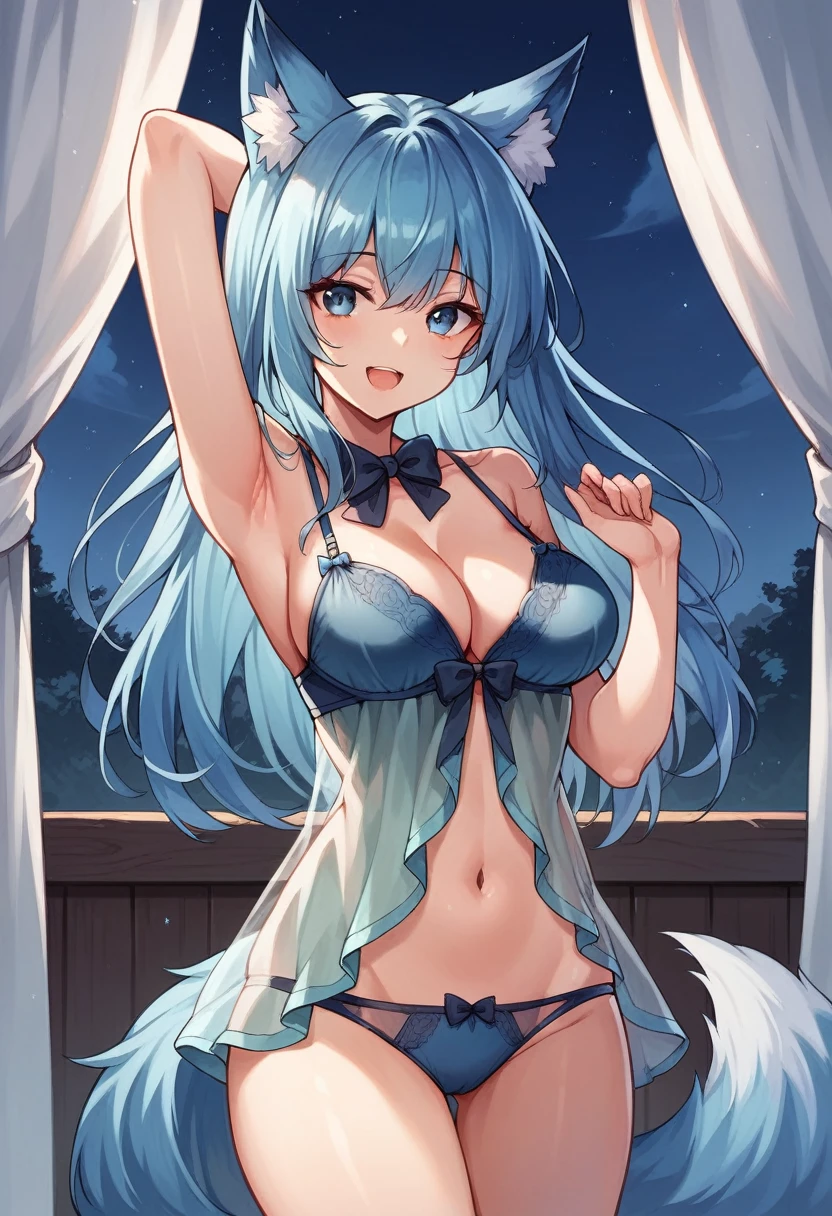1girl, solo, long hair, breasts, looking at viewer, smile, open mouth, blue eyes, large breasts, bow, navel, animal ears, cleavage, bare shoulders, medium breasts, underwear, blue hair, standing, tail, thighs, cowboy shot, hand up, bowtie, armpits, stomach, bra, arm up, animal ear fluff, see-through, fox ears, night, fox tail, underwear only, lingerie, fox girl, blue bra, babydoll