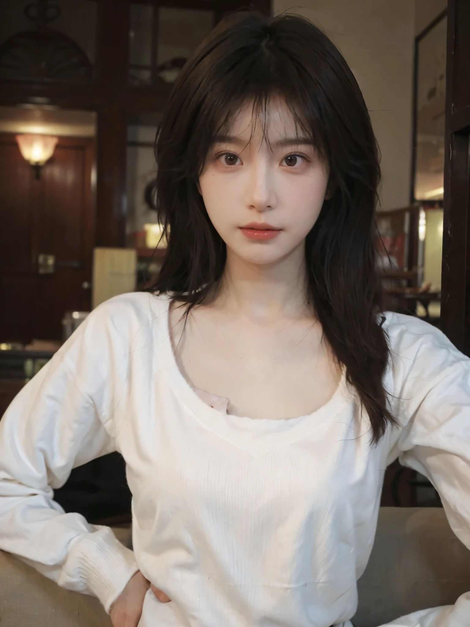 Best quality,16K,Ultra-high resolution,(Realism:1.4),Cute hairpin,Baoyu Girl,1Girl,Beautiful woman with a slim figure:1.4,Abdominal muscles:1.1,(Brown hair,Mid-chest:1.3),pink long sweater:1.1,Super delicate face,Exquisite eyes,Double eyelids,