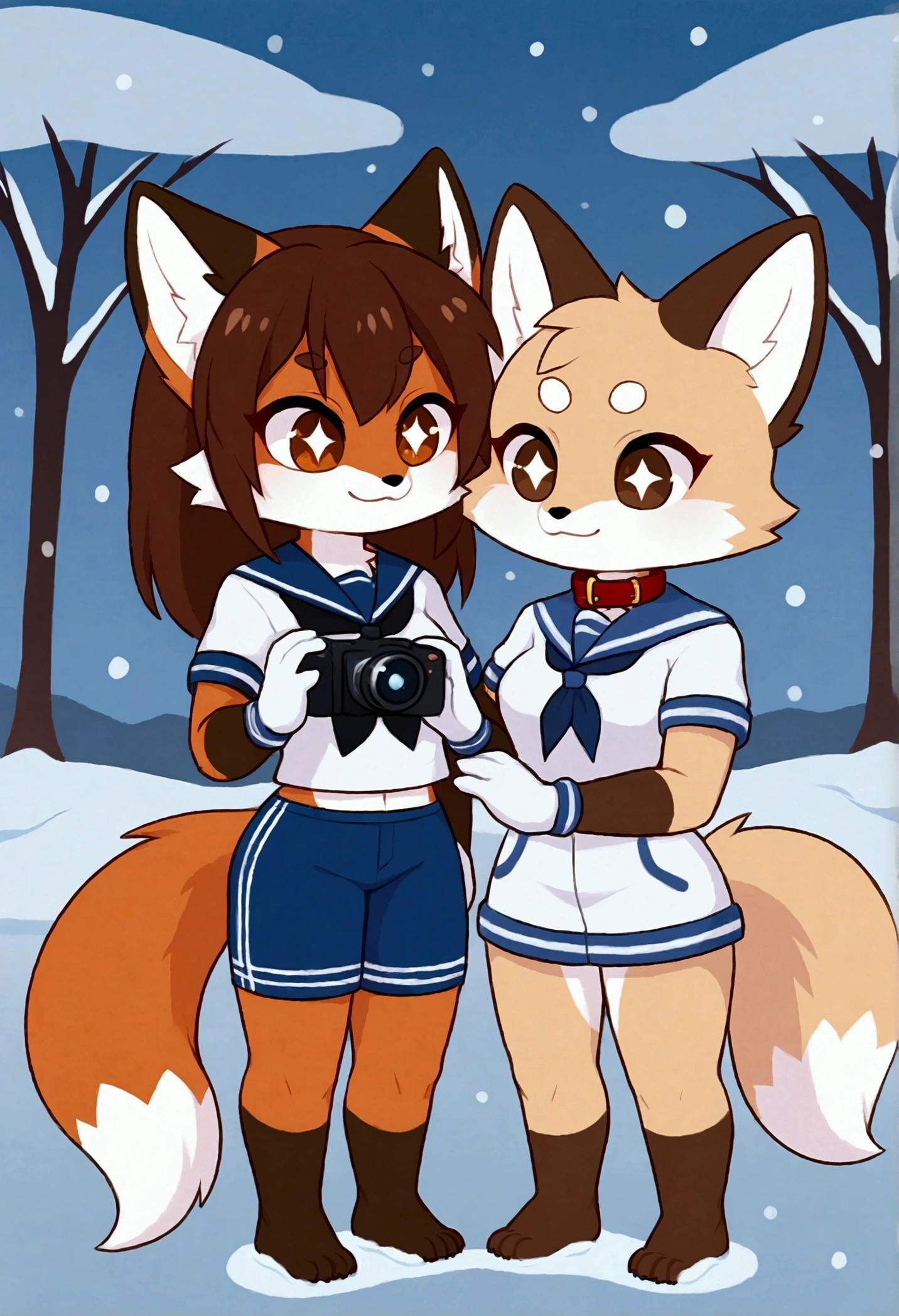 2girls, fox and tanuki, furry, bodyfur, tail, collar, sailor suit, short sleeves, jersey pants, long pants, white gloves, snow gloves, barefeet, chibi, sparkling eyes, full body, snow, camera