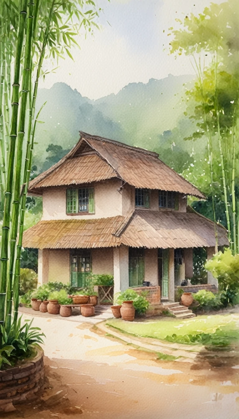 Watercolor Painting , 8k, ultra high res, sharp focus, A charming watercolor painting of a thatcher cottage nestled amidst a lush green landscape. Vietnam style, The cottage is adorned with bamboo pots and tables, while a brick floor adds rustic charm. Soft, natural light filters through the windows, casting a warm glow. (Watercolor painting, lush landscape, rustic details), Wide-angle view, soft light, many bright colors
