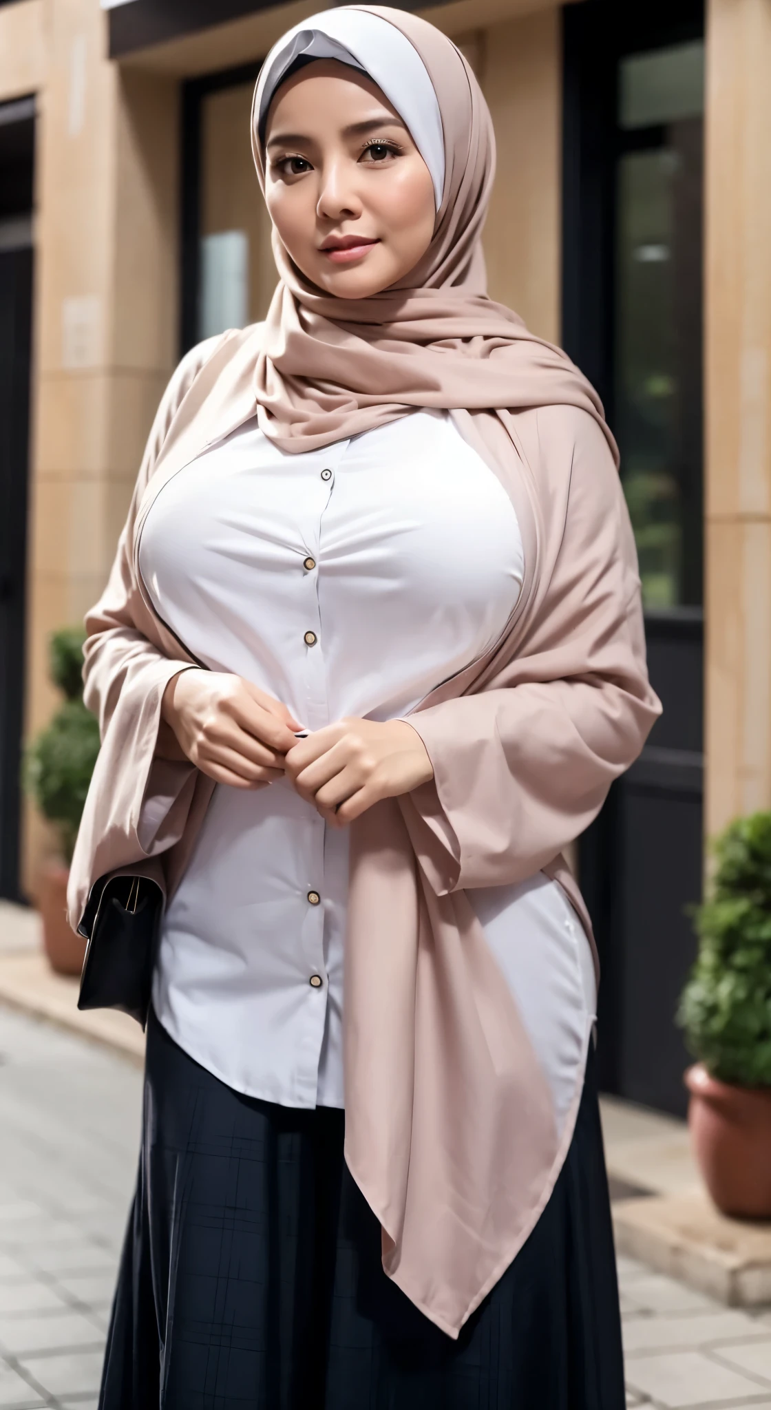 50 years Old, Hijab Indonesian mature woman, Big Tits : 66.9, Gamis, Breast out from her clothes : 1.9, at doctor office, Dark light, at Nighttime