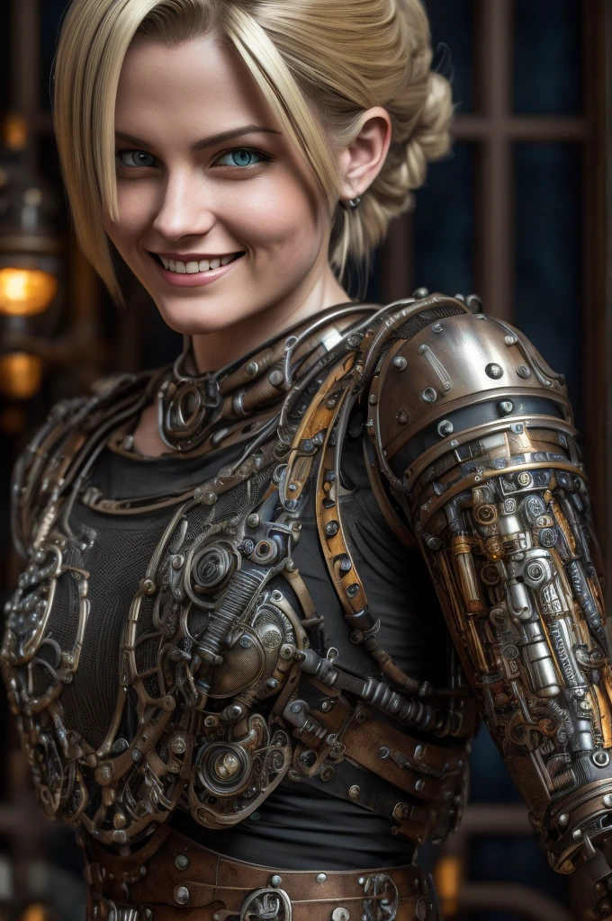 
Android 18 smiling with bionic arms in steampunk style, captured in ultra-high resolution with beautiful, photorealistic lighting. This masterpiece is of the finest quality and is set on an abstract zentangle background (1.4 weighted).