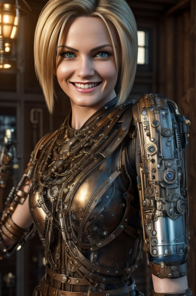 Android 18 smiling with bionic arms in steampunk style, captured in ultra-high resolution with beautiful, photorealistic lighting. This masterpiece is of the finest quality and is set on an abstract zentangle background (1.4 weighted).