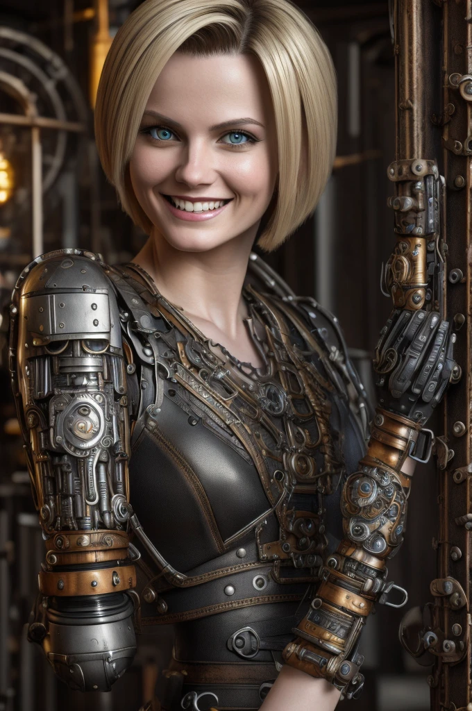 Android 18 smiling with bionic arms in steampunk style, captured in ultra-high resolution with beautiful, photorealistic lighting. This masterpiece is of the finest quality and is set on an abstract zentangle background (1.4 weighted).