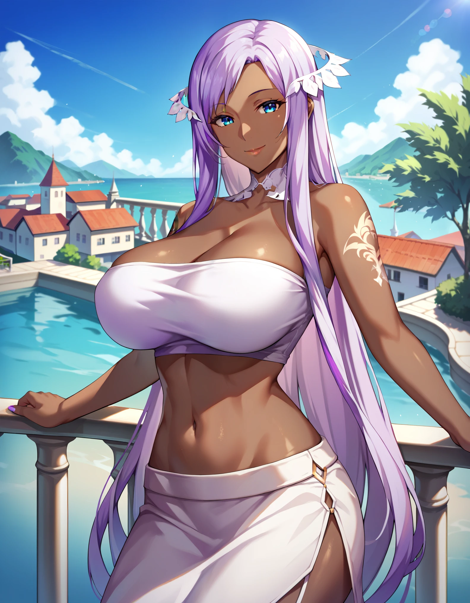 score_9, score_8_up, score_7_up, source_anime, masterpiece, best quality, extremely detailed, 1girl, milf, solo, (colored skin, black skin:1.8), quinella, (huge breasts), ((((purple hair), long hair, blue eyes))), parted lips, (((tattoos, white tube top, crop top, navel, skirt))), ((naughty smile), closed mouth), ((balcony))