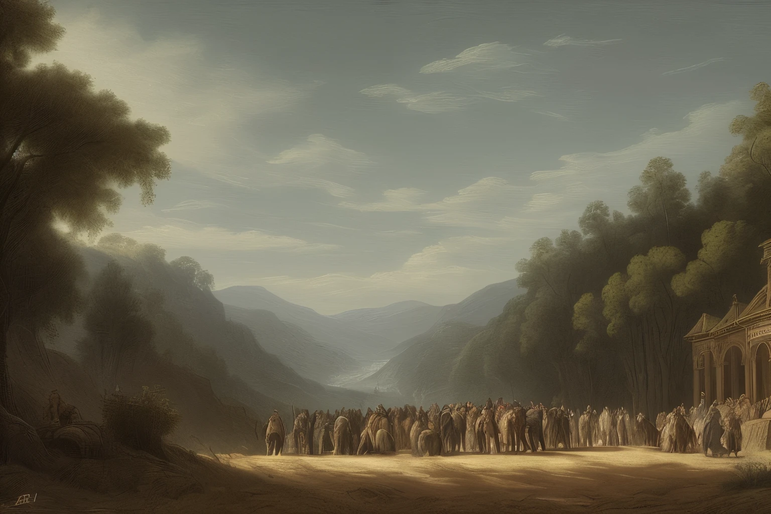 ((best quality),(masterpiece),(detailed)), a detailed drawing of a medieval group of people traveling in convoy on a mountain path, ornate medieval armor, horses pulling carriages, castle, pine trees, winding mountain road, lush green forest, dramatic cloudy sky, warm lighting, intricate architectural details, high resolution, photorealistic, (cinematic:1.2), (fantasy:1.1), (renaissance:1.1)