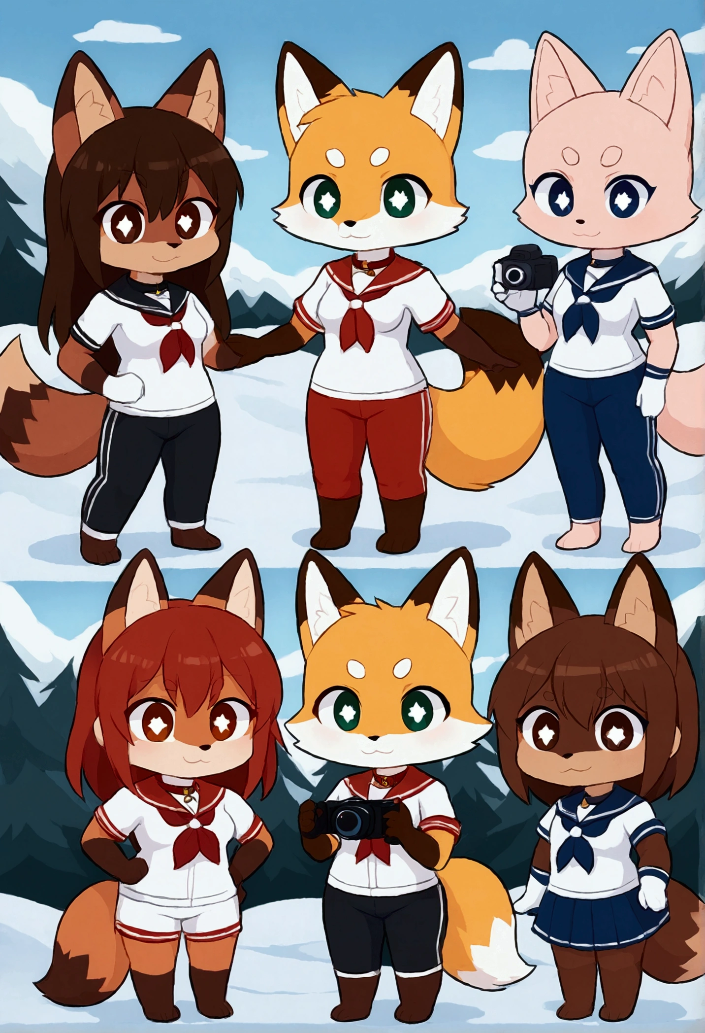 3girls, fox and tanuki, furry, bodyfur, tail, collar, sailor suit, short sleeves, jersey pants, long pants, white gloves, snow gloves, barefeet, chibi, sparkling eyes, full body, snow, camera