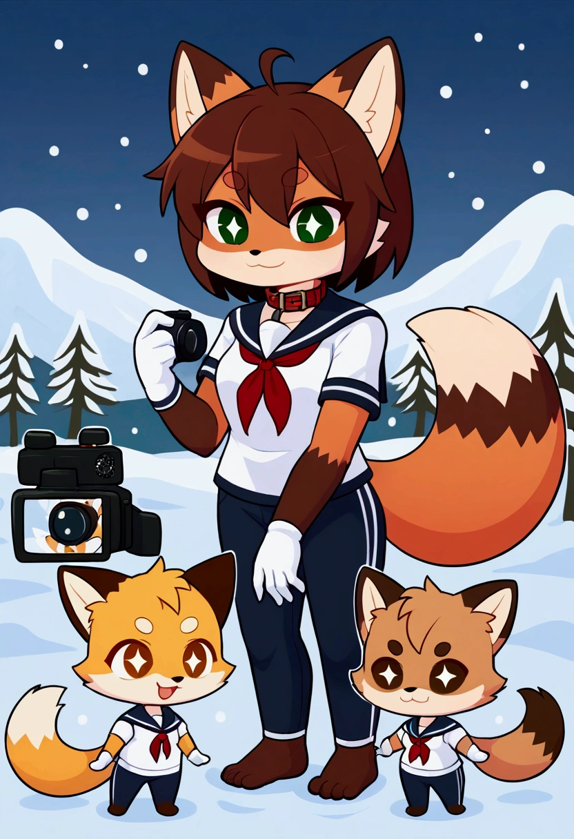 3girls, fox and tanuki, furry, bodyfur, tail, collar, sailor suit, short sleeves, jersey pants, long pants, white gloves, snow gloves, barefeet, chibi, sparkling eyes, full body, snow, camera