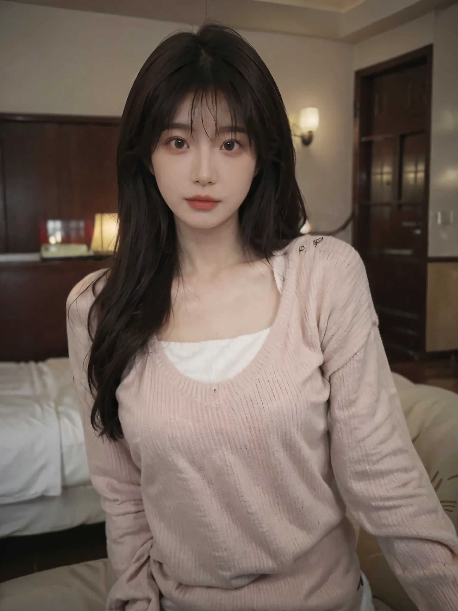masterpiece, best quality, (dark photo:1.3), photorealistic, 1girl, pink hair, pink eyes, pink shirt, flat bangs, stunning innocent symmetry face, shirt, emotional, ulzzang, (PureErosFace_V1:0.7), japeneseteacher