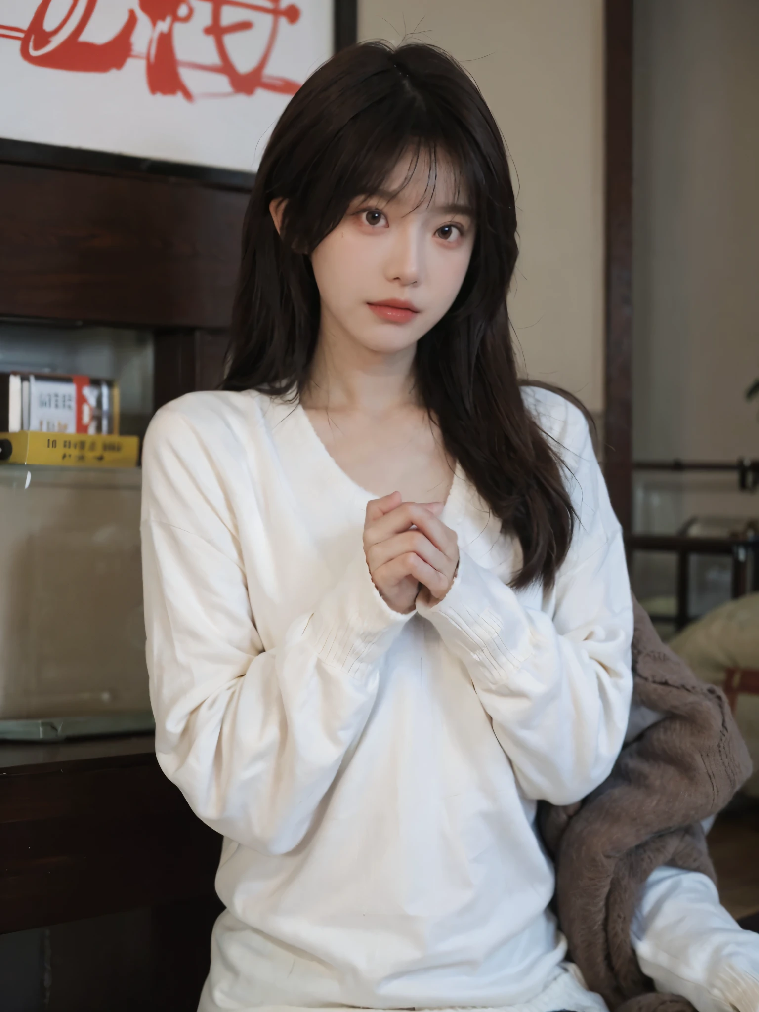 Best quality,16K,Ultra-high resolution,(Realism:1.4),Cute hairpin,Baoyu Girl,1Girl,Beautiful woman with a slim figure:1.4,Abdominal muscles:1.1,(Brown hair,Mid-chest:1.3),pink long sweater:1.1,Super delicate face,Exquisite eyes,Double eyelids,
