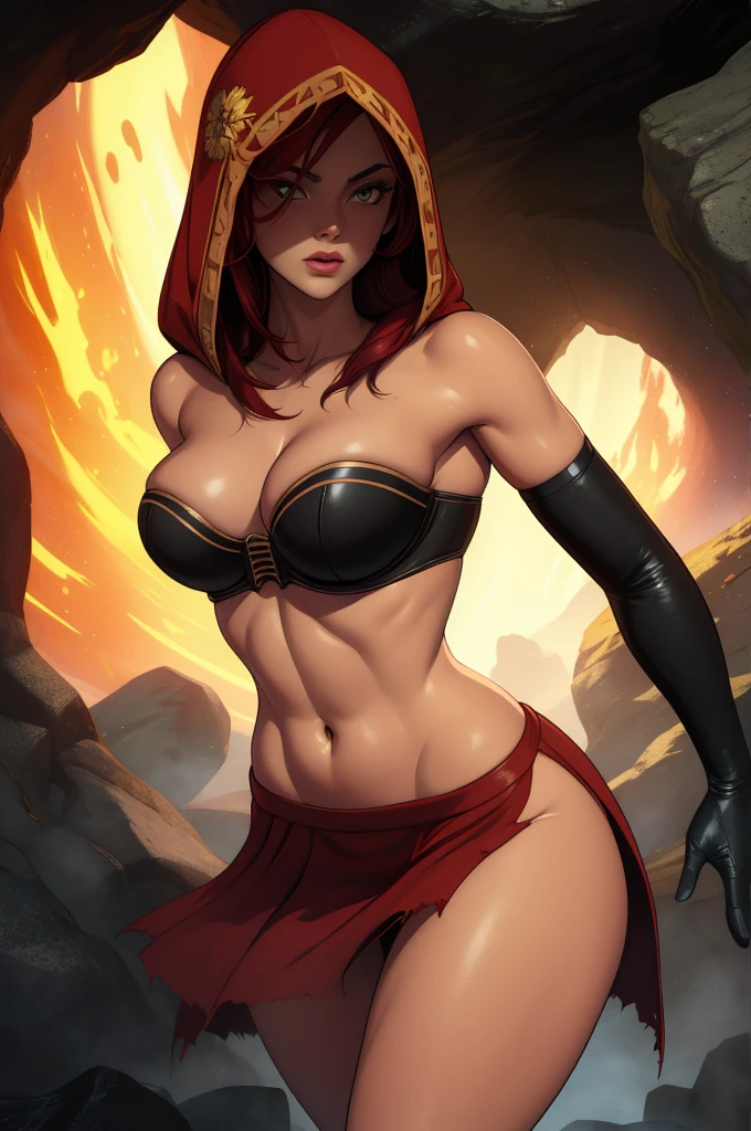 Dsorceress, redhair, shadowy face,dark cave, fire, hood, shadowed face, mini skimpy strapless bra, slim and athletic body, skimpy slit miniskirt, no panties, elbow gloves, dark skin, 1 girl (insanely detailed, masterpiece, best quality)