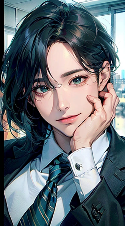 (Highest quality,4K,8K,High resolution,masterpiece:1.2),Super detailed,(Realistic,photoRealistic,photo-Realistic:1.37),1 person,34 years old,Mature Men,Beautiful skin、very handsome,Expressionless smile in love,Short blue hair,green eyes,Sharp Eyes,A perfect face without a doubt,Businessman, CEO, Office Background,Cinema Lighting,HDR image,tie、