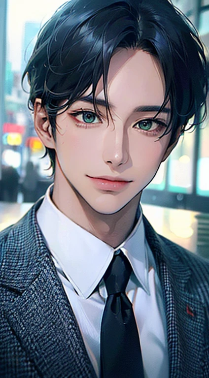 (Highest quality,4K,8K,High resolution,masterpiece:1.2),Super detailed,(Realistic,photoRealistic,photo-Realistic:1.37),1 person,34 years old,Mature Men,Beautiful skin、very handsome,Expressionless smile in love,Short blue hair,green eyes,Sharp Eyes,A perfect face without a doubt,Businessman, CEO, Office Background,Cinema Lighting,HDR image,tie、