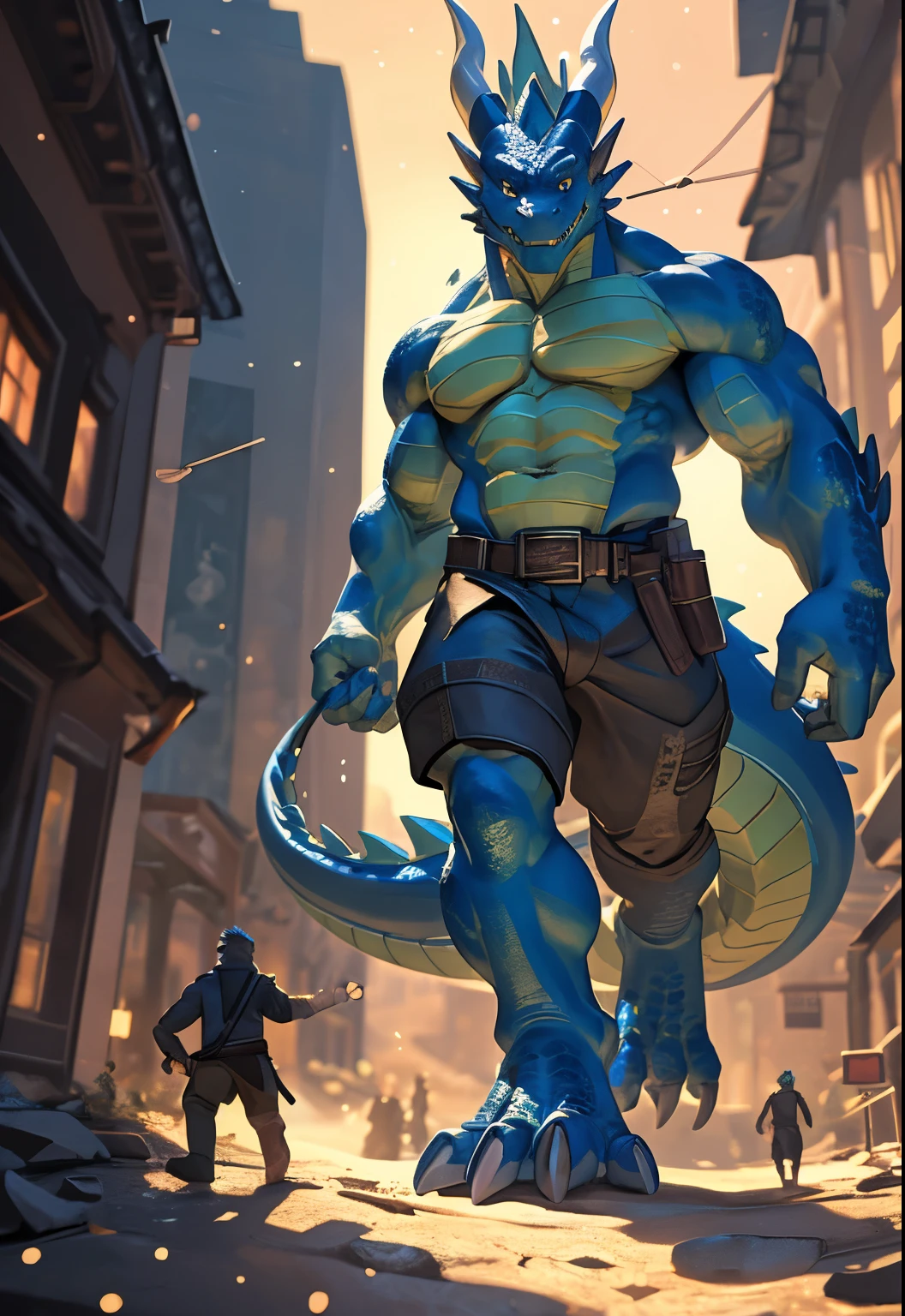 archeologist, (dragon), anthro, male, ((blue body)), scales, tail, tall, muscles, handsome, clothes, outdoors, raising his leg about to stomp you, toe claws, epic, depth of field, perfect lighting, (light particles),(best quality),(masterpiece),(ultra detailed),sharp focus, macro in city, low pov