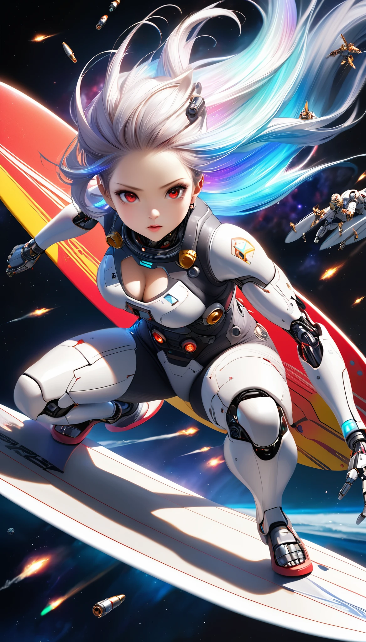 Attractive woman, gunner, cyborg, Realistic Baby, 
break: Attractive womanの体, Detailed and precise mechanical joints, A seamless fusion of human beauty and precision machinery, Mature adult sex appeal, 
break Detailed and realistic skin texture, precision mechanical joint, Smooth-moving parts, Pneumatic hose, Alluring cleavage, 
break Clear Red Eyes, Aesthetic illumination, 
break Transparent full color, Holographic Hair, Smooth expression, 
break Ultra-realism, Detailed and realistic skin texture, Fine and exquisite texture, Detailed and exquisite brushwork, Detailed and vivid depiction, Anatomically correct, Absurd aesthetics, 
break Attack with a sophisticated and high-performance beam rifle, Approach the viewer while avoiding enemy attacks, 
break Leaning forward to approach the viewer, Firing at the crowd, Oncoming Bullets, Motion blur to highlight approaching bullets&#39;the trajectory of, Ready for battle, 
break Space War, Aesthetic space combat, Transparent full color, Fantastic iridescent colors, Bold and powerful composition, 
break: approaching to viewer, Motion blur for explosive acceleration, Rapid approach using combat flight modes, Beautifully detailed movements, 
break Epic space war, A dark background to make your subject stand out,  dramatic cinematographic lighting, 
(Dynamic wide-body shot:1.0, Ankles inside the frame:1.0), 
break Professional spray work, Highest qualityのレンダリング, Highest quality, Highest Resolution, superretinal vision, 
BREAK (Surfing in space:1.7)