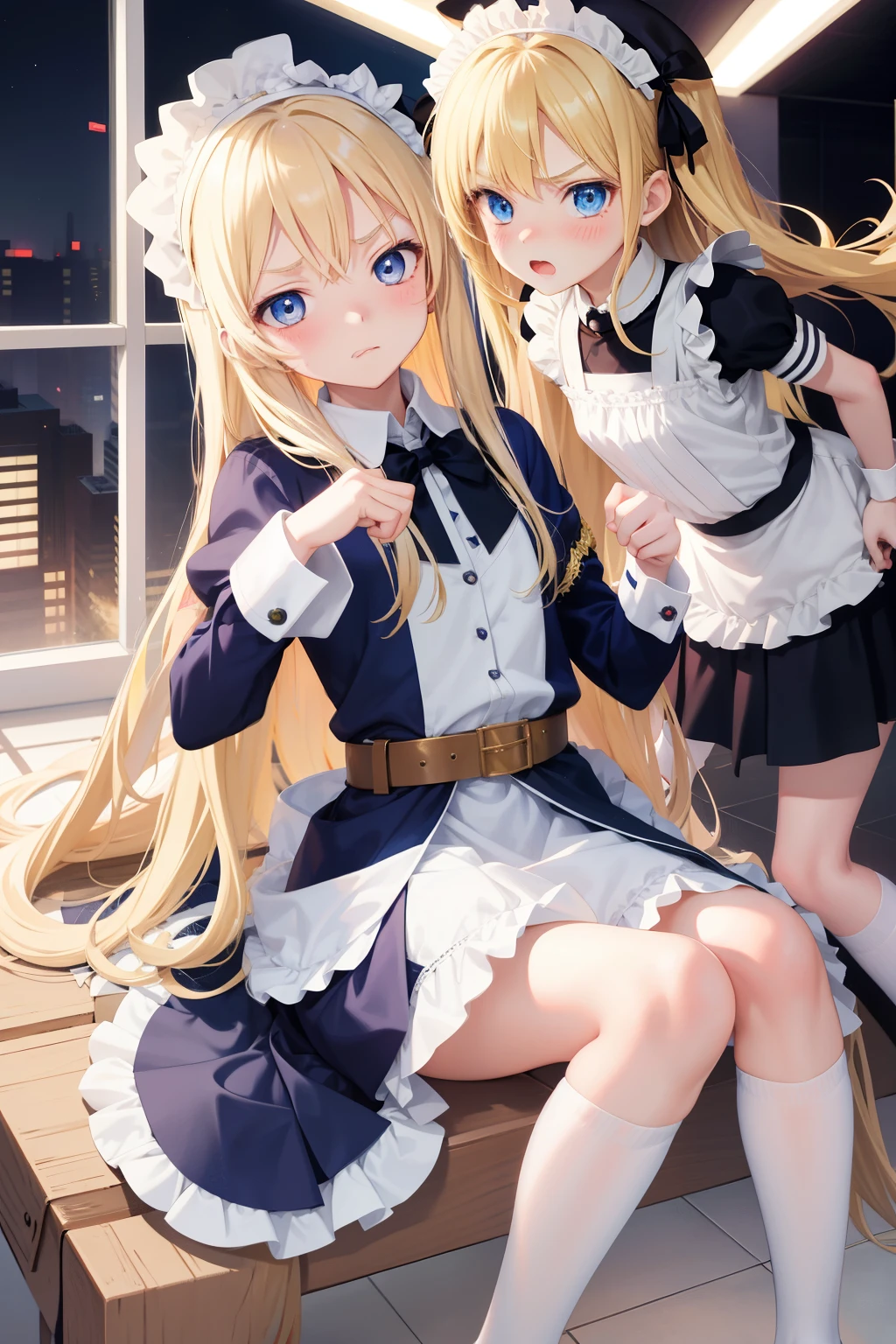Anime style , young girl, 12 years2girls, very long blonde hair frinje, blue eyes , disgusted face, blush , maid uniform, flat chest, lifting her skirt showing pantie, garterbelt , long socks. Impregnation