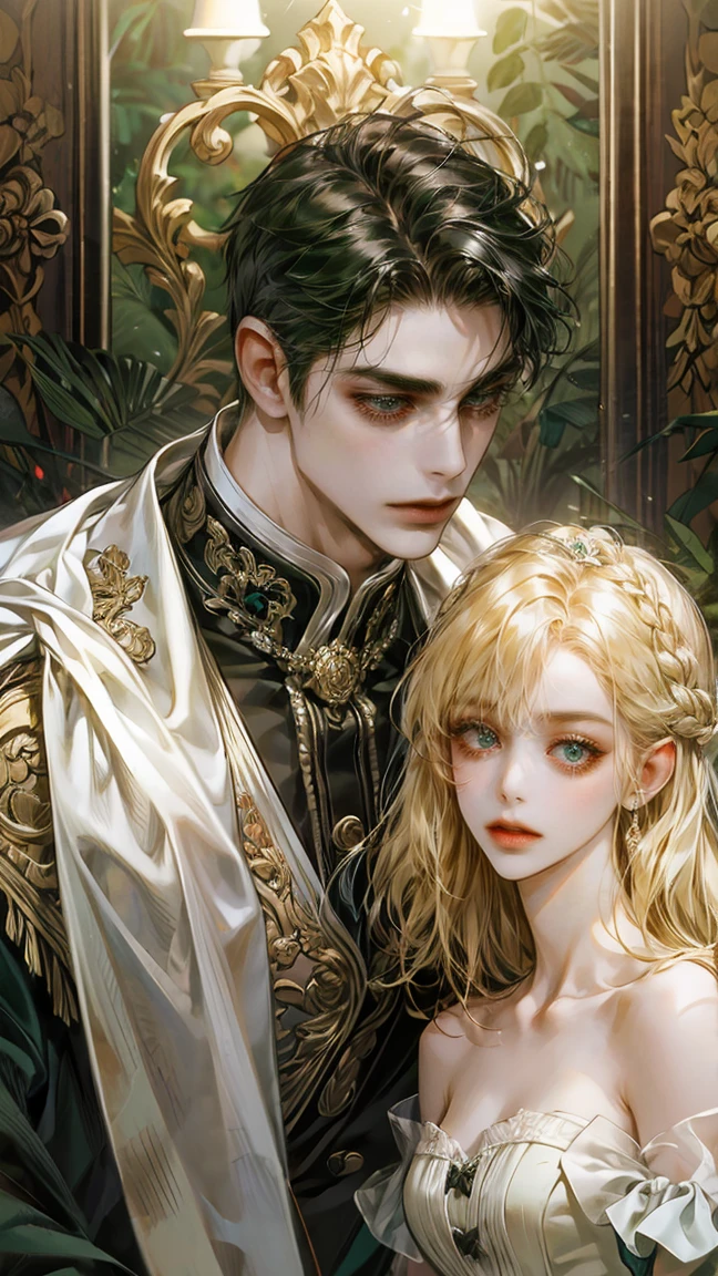 8k, complex, elegant, Very detailed, majestic, digital photography, surreal painting, victorian mansion, palace, Shrubs, (masterpiece, side light, fine and beautiful eyes: 1.2), HdR, (ojos verde brights)), victorian dress, ( bright), elegant girl, cana, musculature, White skin, elegant, in front of the camera, masterpiece, different hair colors, black hair men, Blonde hair woman, notable height difference, thin girl, robust muscular boy, wide shoulders, muscles, manly mature face, half body
