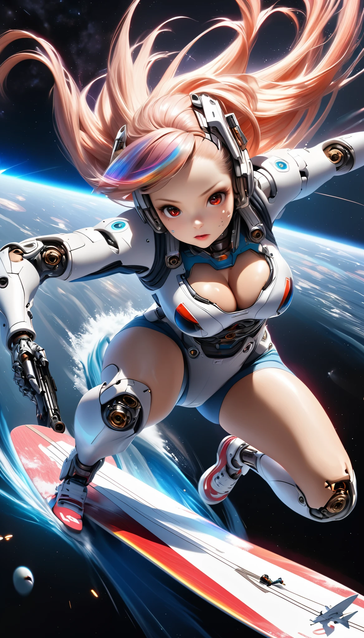 Attractive woman, gunner, cyborg, Realistic Baby, 
break: Attractive womanの体, Detailed and precise mechanical joints, A seamless fusion of human beauty and precision machinery, Mature adult sex appeal, 
break Detailed and realistic skin texture, precision mechanical joint, Smooth-moving parts, Pneumatic hose, Alluring cleavage, 
break Clear Red Eyes, Aesthetic illumination, 
break Transparent full color, Holographic Hair, Smooth expression, 
break Ultra-realism, Detailed and realistic skin texture, Fine and exquisite texture, Detailed and exquisite brushwork, Detailed and vivid depiction, Anatomically correct, Absurd aesthetics, 
break Attack with a sophisticated and high-performance beam rifle, Approach the viewer while avoiding enemy attacks, 
break Leaning forward to approach the viewer, Firing at the crowd, Oncoming Bullets, Motion blur to highlight approaching bullets&#39;the trajectory of, Ready for battle, 
break Space War, Aesthetic space combat, Transparent full color, Fantastic iridescent colors, Bold and powerful composition, 
break: approaching to viewer, Motion blur for explosive acceleration, Rapid approach using combat flight modes, Beautifully detailed movements, 
break Epic space war, A dark background to make your subject stand out,  dramatic cinematographic lighting, 
(Dynamic wide-body shot:1.0, Ankles inside the frame:1.0), 
break Professional spray work, Highest qualityのレンダリング, Highest quality, Highest Resolution, superretinal vision, 
BREAK (Surfing in space:1.7)