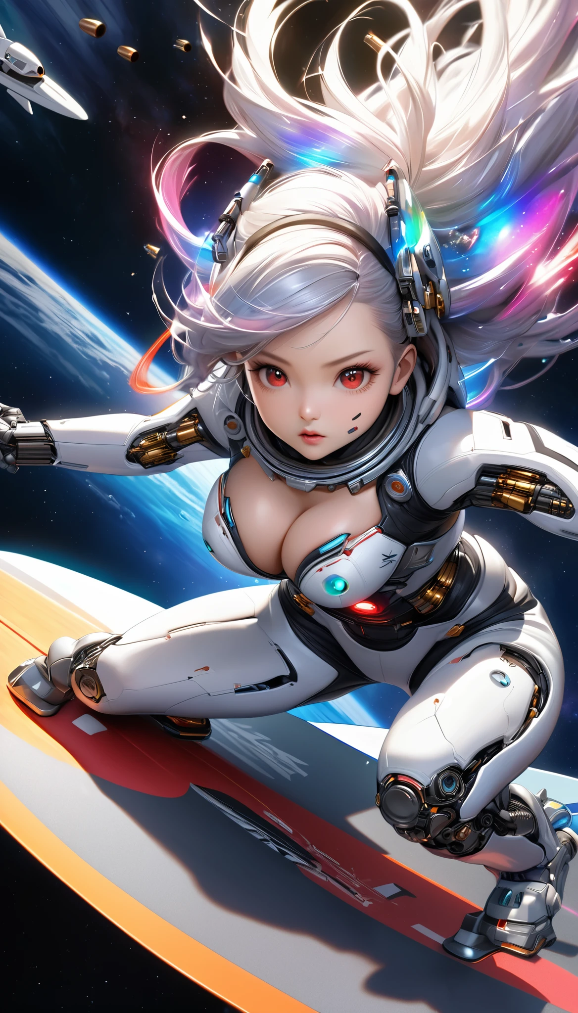 Attractive woman, gunner, cyborg, Realistic Baby, 
break: Attractive womanの体, Detailed and precise mechanical joints, A seamless fusion of human beauty and precision machinery, Mature adult sex appeal, 
break Detailed and realistic skin texture, precision mechanical joint, Smooth-moving parts, Pneumatic hose, Alluring cleavage, 
break Clear Red Eyes, Aesthetic illumination, 
break Transparent full color, Holographic Hair, Smooth expression, 
break Ultra-realism, Detailed and realistic skin texture, Fine and exquisite texture, Detailed and exquisite brushwork, Detailed and vivid depiction, Anatomically correct, Absurd aesthetics, 
break Attack with a sophisticated and high-performance beam rifle, Approach the viewer while avoiding enemy attacks, 
break Leaning forward to approach the viewer, Firing at the crowd, Oncoming Bullets, Motion blur to highlight approaching bullets&#39;the trajectory of, Ready for battle, 
break Space War, Aesthetic space combat, Transparent full color, Fantastic iridescent colors, Bold and powerful composition, 
break: approaching to viewer, Motion blur for explosive acceleration, Rapid approach using combat flight modes, Beautifully detailed movements, 
break Epic space war, A dark background to make your subject stand out,  dramatic cinematographic lighting, 
(Dynamic wide-body shot:1.0, Ankles inside the frame:1.0), 
break Professional spray work, Highest qualityのレンダリング, Highest quality, Highest Resolution, superretinal vision, 
BREAK (Surfing in space:1.7)