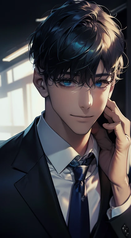 (Highest quality,4K,8K,High resolution,masterpiece:1.2),Super detailed,(Realistic,photoRealistic,photo-Realistic:1.37),1 person,34 years old,Mature Men,Beautiful skin、very handsome,Expressionless smile in love,Short blue hair,green eyes,Sharp Eyes,A perfect face without a doubt,Businessman, CEO, Office Background,Cinema Lighting,HDR image,tie、