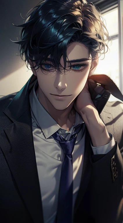 (Highest quality,4K,8K,High resolution,masterpiece:1.2),Super detailed,(Realistic,photoRealistic,photo-Realistic:1.37),1 person,34 years old,Mature Men,Beautiful skin、very handsome,Expressionless smile in love,Short blue hair,green eyes,Sharp Eyes,A perfect face without a doubt,Businessman, CEO, Office Background,Cinema Lighting,HDR image,tie、