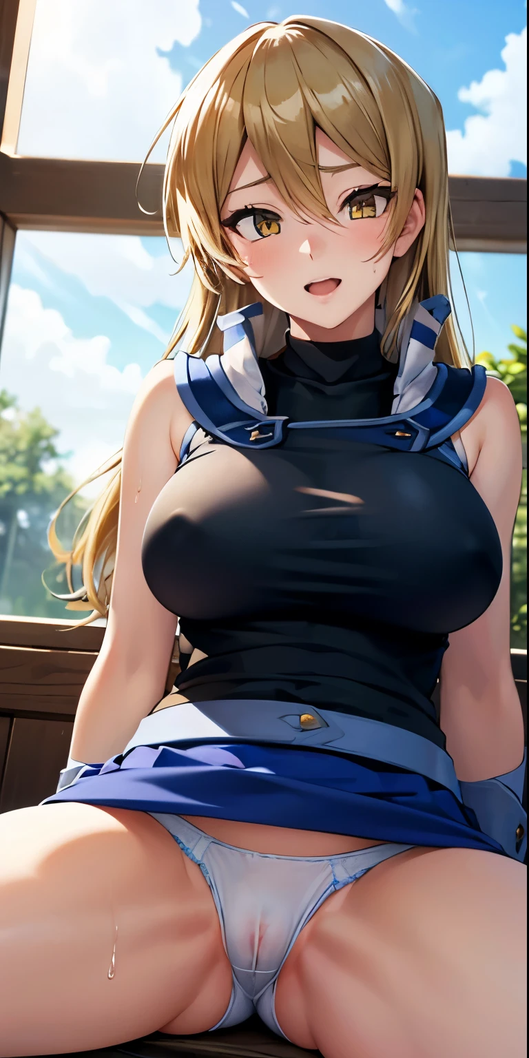 1 Female,High definition,high resolution,Ultra-realistic,8K, ta1,blonde hair,long hair,yellow eyes, white jacket, sleeveless, blue skirt,tight skirt , miniskirt,fingerless gloves,European,sexy,Upper body close-up,Photographed from the front,Dynamic Angles,blush, medium tits, happy, wink the eye,facial, sweat,multicolored hair ,(wide thighs:1.4),(white panties),(show panties), sitting,spread legs,cameltoe ,wet panties,wet pussy