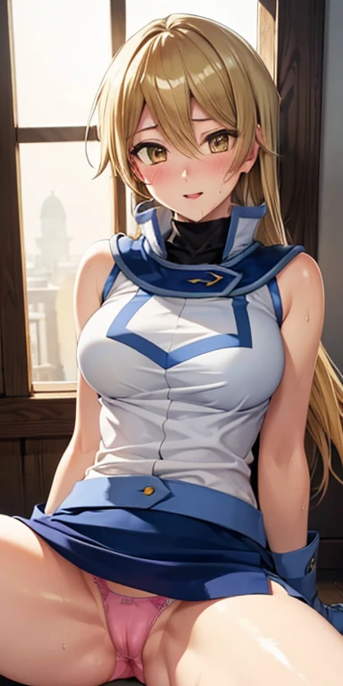 1 Female,High definition,high resolution,Ultra-realistic,8K, ta1,blonde hair,long hair,yellow eyes, white jacket, sleeveless, blue skirt,tight skirt , miniskirt,fingerless gloves,European,sexy,Upper body close-up,Photographed from the front,Dynamic Angles,blush, medium tits, happy, wink the eye,facial, sweat,multicolored hair ,(wide thighs:1.4),(pink panties),(show panties), sitting,spread legs,cameltoe ,wet panties