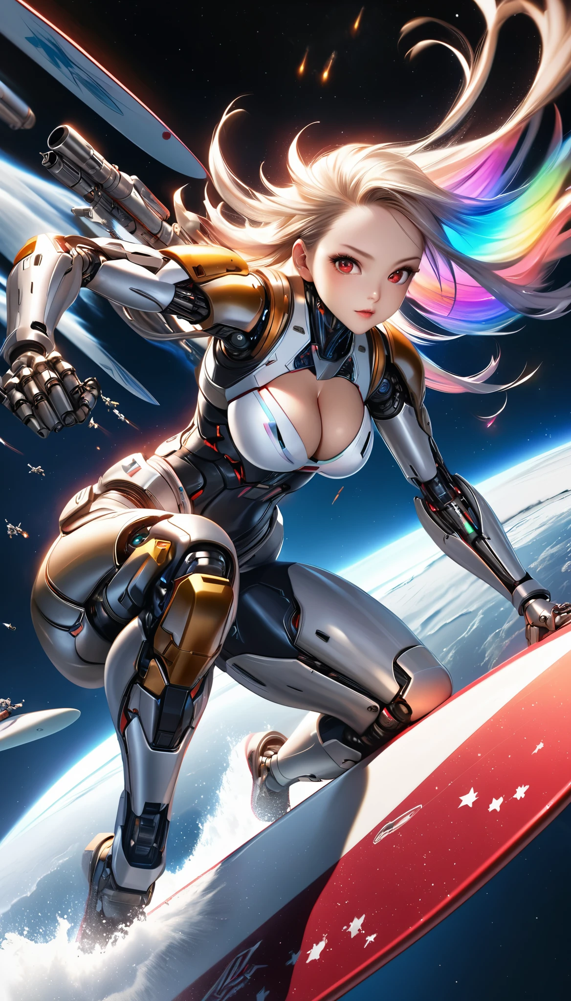 Attractive woman, gunner, cyborg, Realistic Baby, 
break: Attractive womanの体, Detailed and precise mechanical joints, A seamless fusion of human beauty and precision machinery, Mature adult sex appeal, 
break Detailed and realistic skin texture, precision mechanical joint, Smooth-moving parts, Pneumatic hose, Alluring cleavage, 
break Clear Red Eyes, Aesthetic illumination, 
break Transparent full color, Holographic Hair, Smooth expression, 
break Ultra-realism, Detailed and realistic skin texture, Fine and exquisite texture, Detailed and exquisite brushwork, Detailed and vivid depiction, Anatomically correct, Absurd aesthetics, 
break Attack with a sophisticated and high-performance beam rifle, Approach the viewer while avoiding enemy attacks, 
break Leaning forward to approach the viewer, Firing at the crowd, Oncoming Bullets, Motion blur to highlight approaching bullets&#39;the trajectory of, Ready for battle, 
break Space War, Aesthetic space combat, Transparent full color, Fantastic iridescent colors, Bold and powerful composition, 
break: approaching to viewer, Motion blur for explosive acceleration, Rapid approach using combat flight modes, Beautifully detailed movements, 
break Epic space war, A dark background to make your subject stand out,  dramatic cinematographic lighting, 
(Dynamic wide-body shot:1.0, Ankles inside the frame:1.0), 
break Professional spray work, Highest qualityのレンダリング, Highest quality, Highest Resolution, superretinal vision, 
BREAK (Surfing in space:1.7)