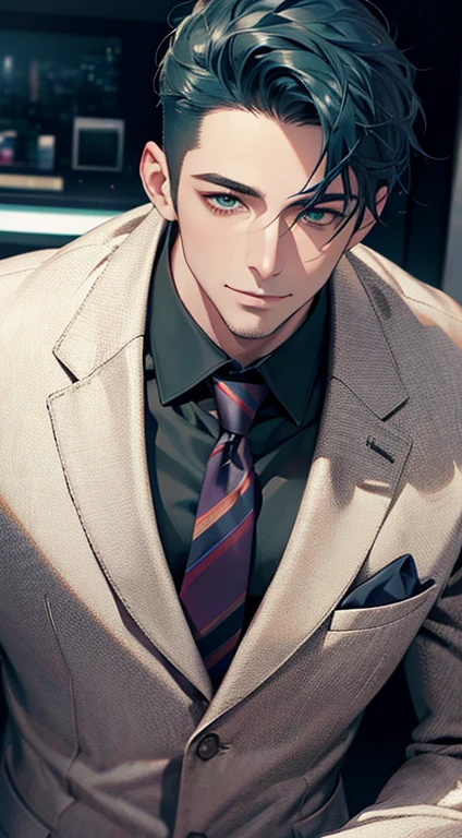 (Highest quality,4K,8K,High resolution,masterpiece:1.2),Super detailed,(Realistic,photoRealistic,photo-Realistic:1.37),1 person,34 years old,Mature Men,Beautiful skin、very handsome,Expressionless smile in love,Short blue hair,green eyes,Sharp Eyes,A perfect face without a doubt,Businessman, CEO, Office Background,Cinema Lighting,HDR image,tie、