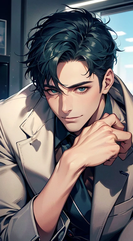 (Highest quality,4K,8K,High resolution,masterpiece:1.2),Super detailed,(Realistic,photoRealistic,photo-Realistic:1.37),1 person,34 years old,Mature Men,Beautiful skin、very handsome,Expressionless smile in love,Short blue hair,green eyes,Sharp Eyes,A perfect face without a doubt,Businessman, CEO, Office Background,Cinema Lighting,HDR image,tie、